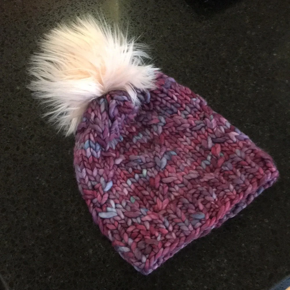 Hand Knit Merino Wool Beanie Hat With Faux Fur Pom
